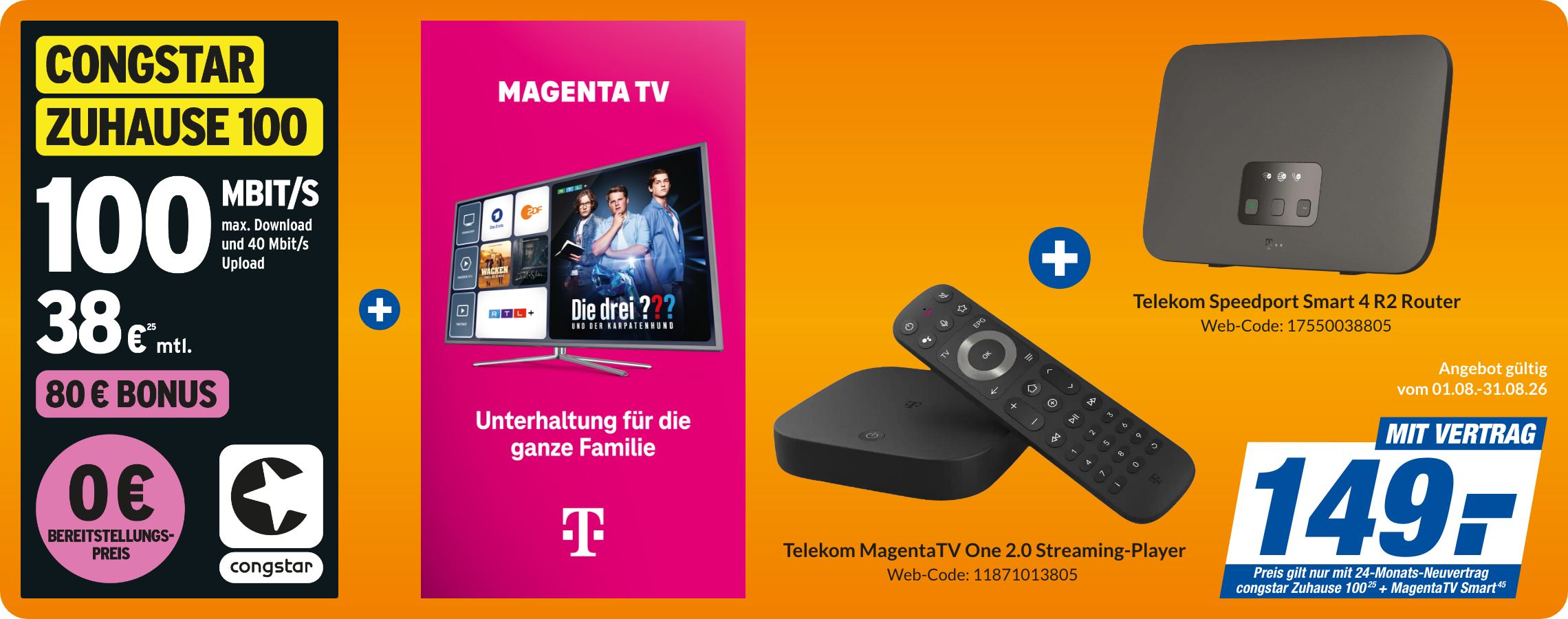 congstar Zuhause 100 mit Magenta TV One 2.0 Streaming Player + Telekom Speedport Smart 4 R2 Router