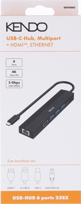 USB-C-HUB, Multiport, 6 Ports, 3x USB-A, USB-C, HDMI, LAN/Ethernet, Schwarz