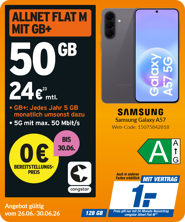 Samsung A57 mit Allnet Flat M für 1€!