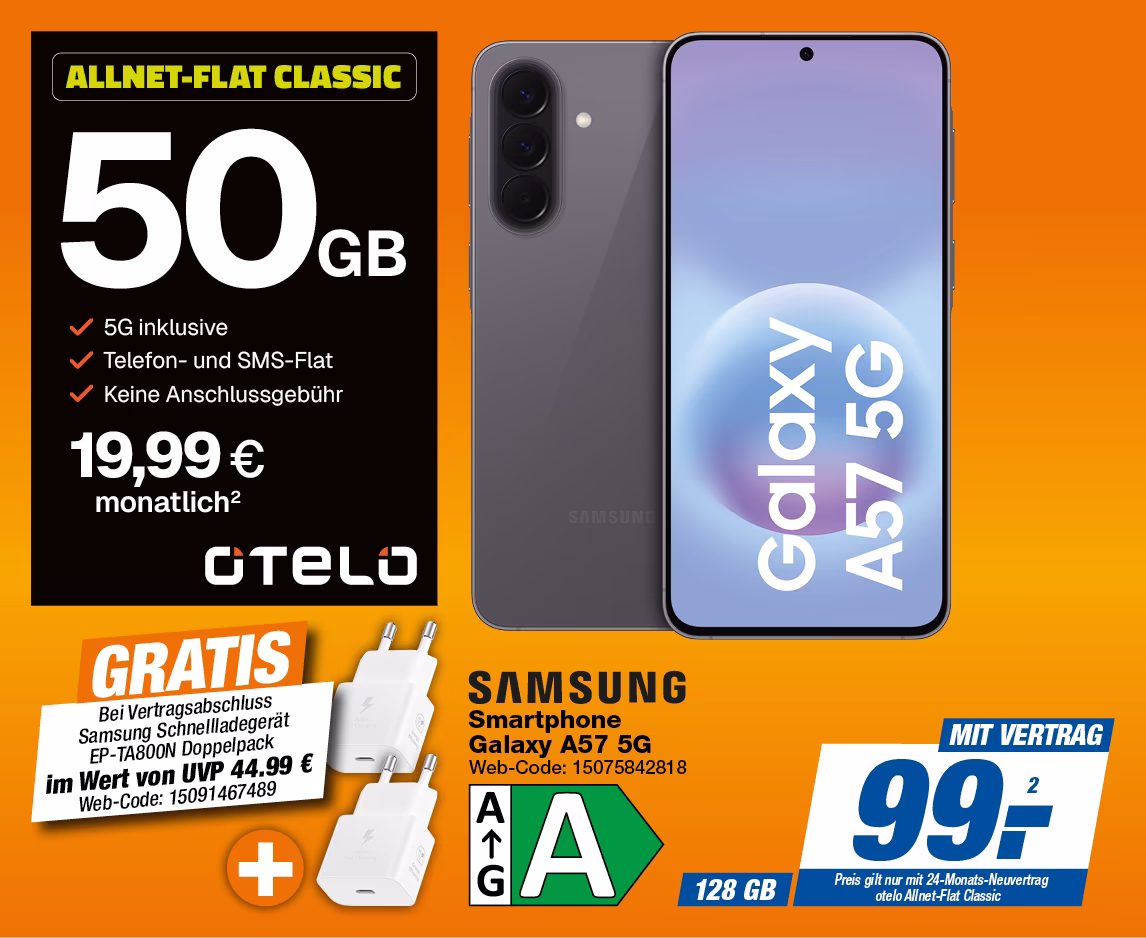 Samsung Galaxy A57 5G mit Otelo Allnet-Flat Classic + GRATIS Schnellladegerät