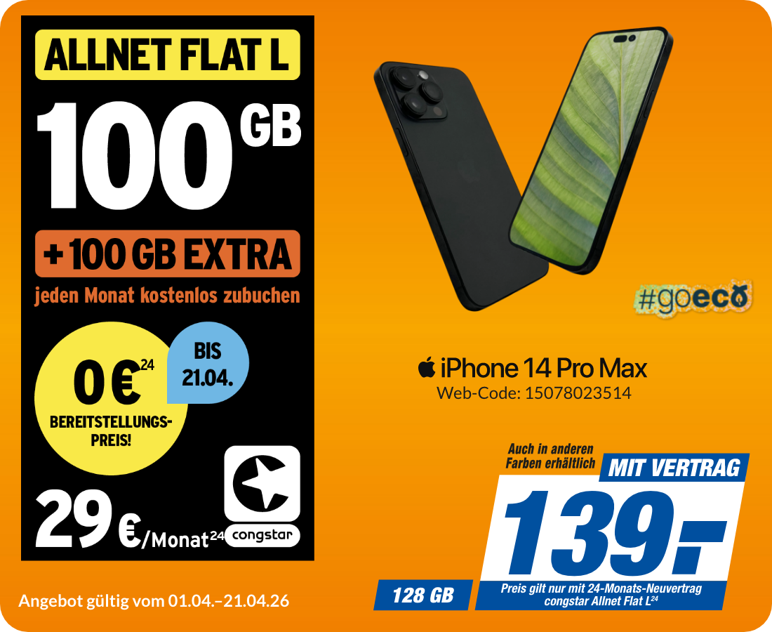 Apple iPhone 14 Pro Max mit Allnet Flat L für 139€!