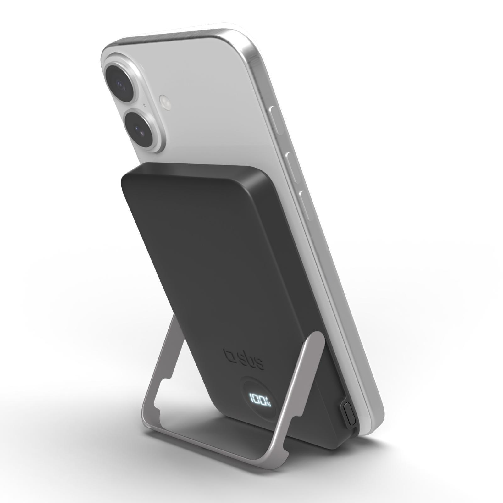 Powerbank mit 5.000 mAh, kabelloses Laden und integriertem Standfuß, Schwarz