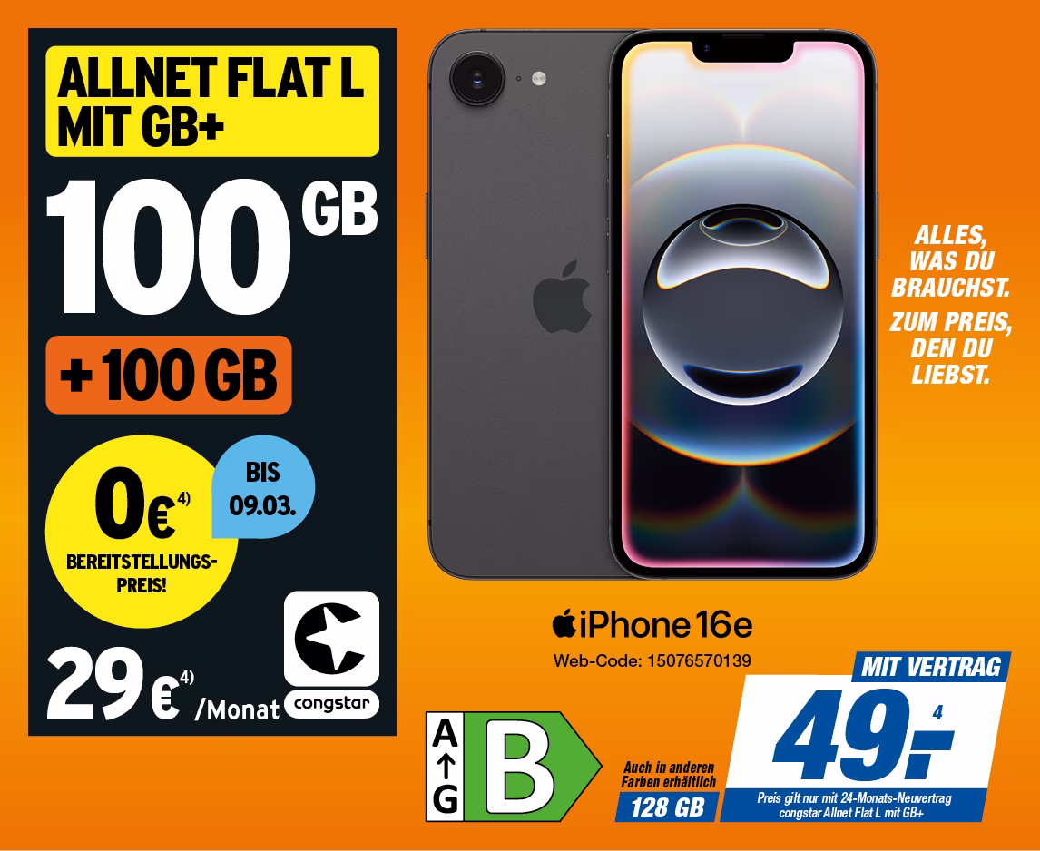 iPhone 16e mit Congstar Allnet Flat L mit GB+