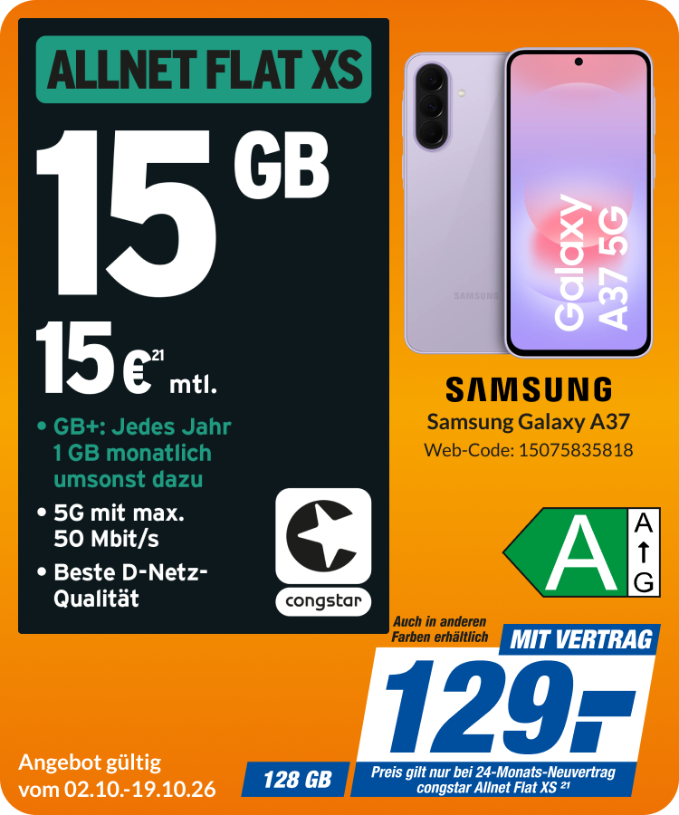 Samsung Galaxy A37 mit Allnet Flat XS für 129€!