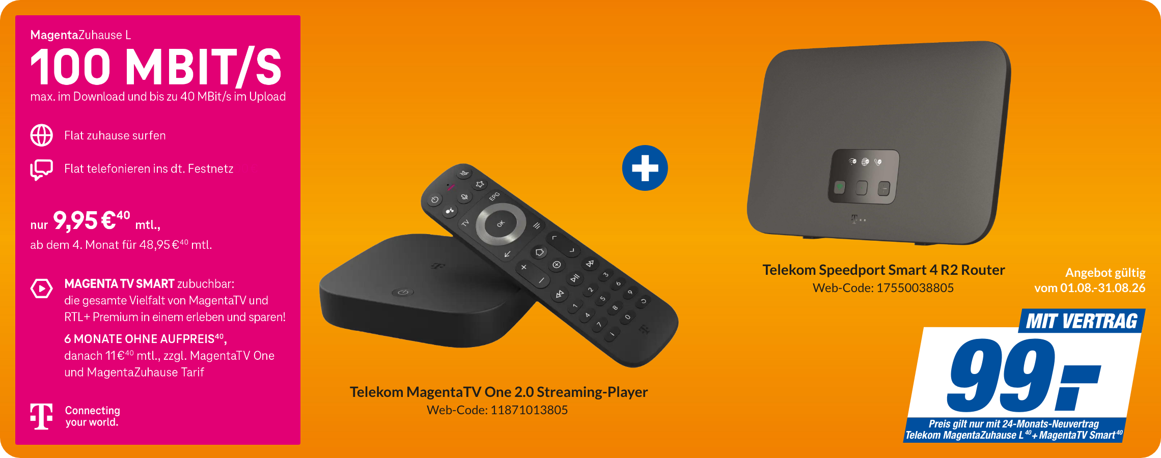 Magenta Zuhause L mit Magenta TV One 2.0 Streaming Player + Telekom Speedport Smart 4 R2 Router 