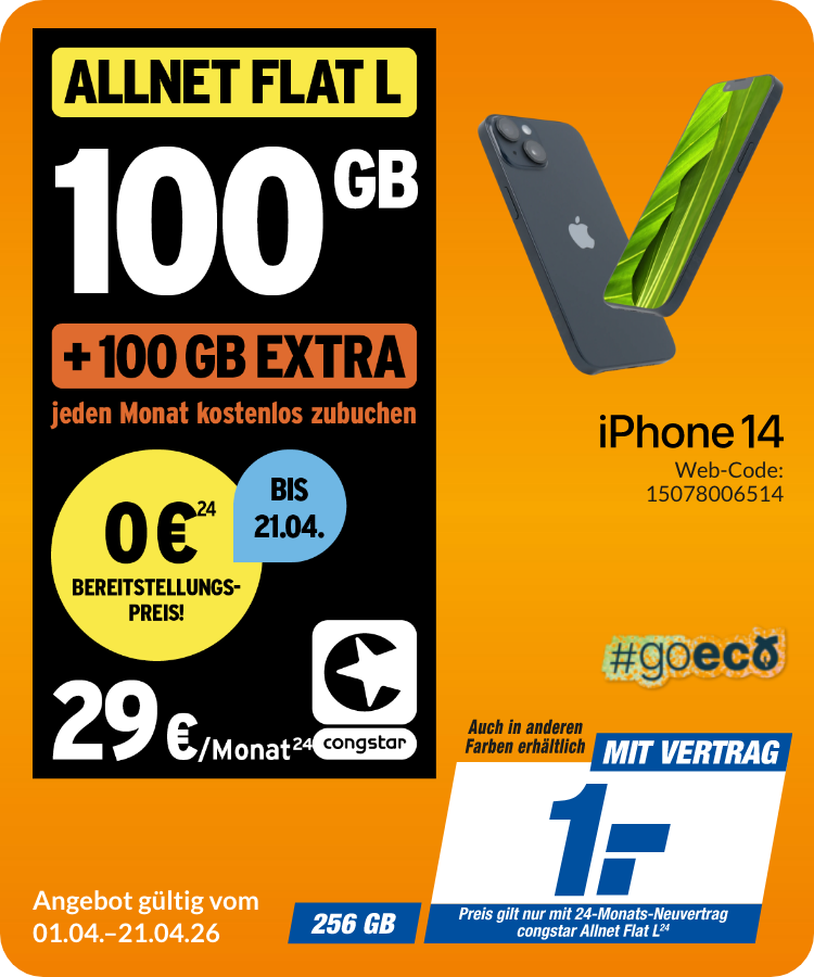 Apple iPhone 14 mit Allnet Flat L für 1€!