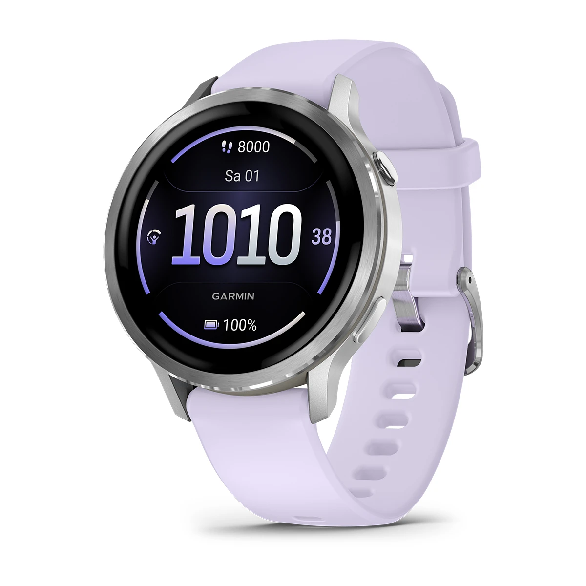 Venu 4 - 41 mm Grau/Silber mit Schnellwechsel-Silikon-Armband 18 mm Lavendelblau Smartwatch