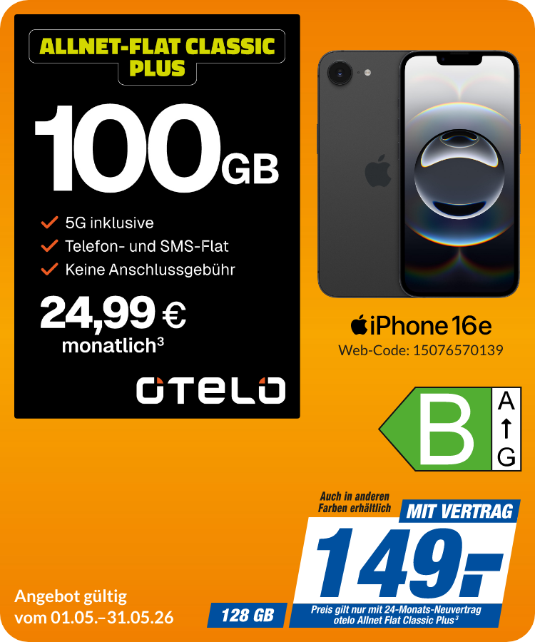 Apple iPhone 16e mit Allnet Flat Classic Plus für 149€!