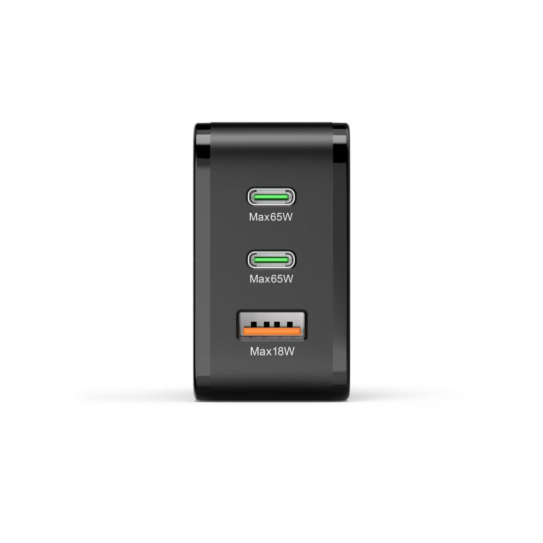 Schnellladegerät, 2x USB-C, 1x USB-A, PD, 65 W, Schwarz (00201961) Schnellladegerät (USB-A + USB-C)