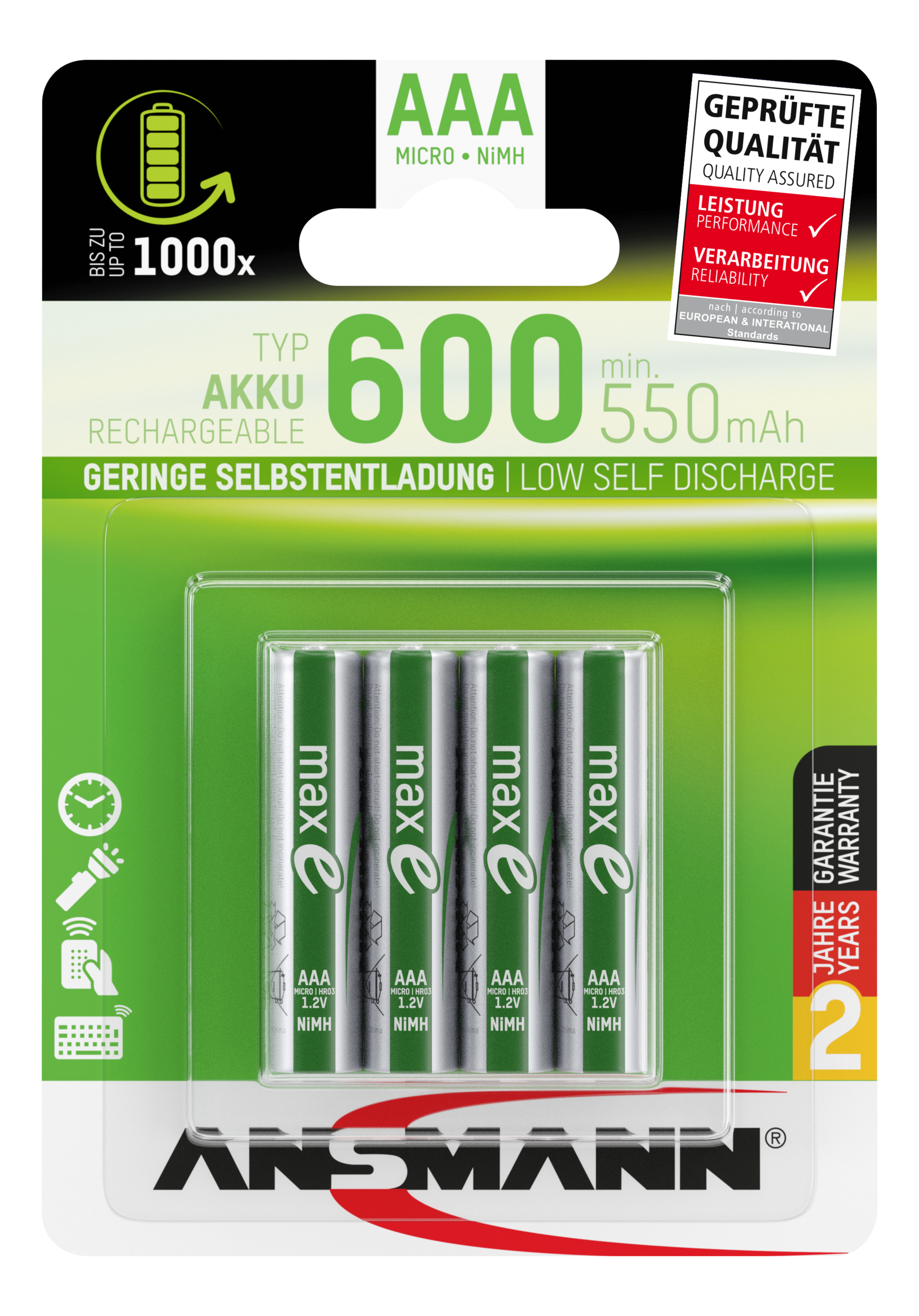 NiMH Akku Micro AAA Typ 600 (min. 550 mAh) maxE 4er Blister Akku