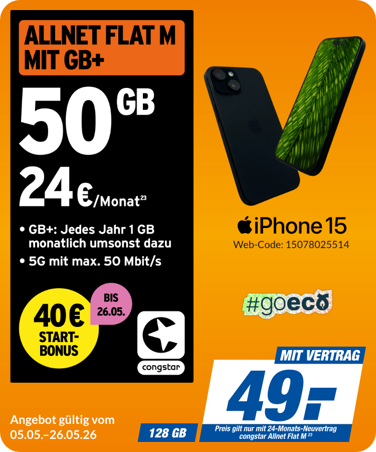 Apple iPhone 15 mit Allnet Flat M für 49€!