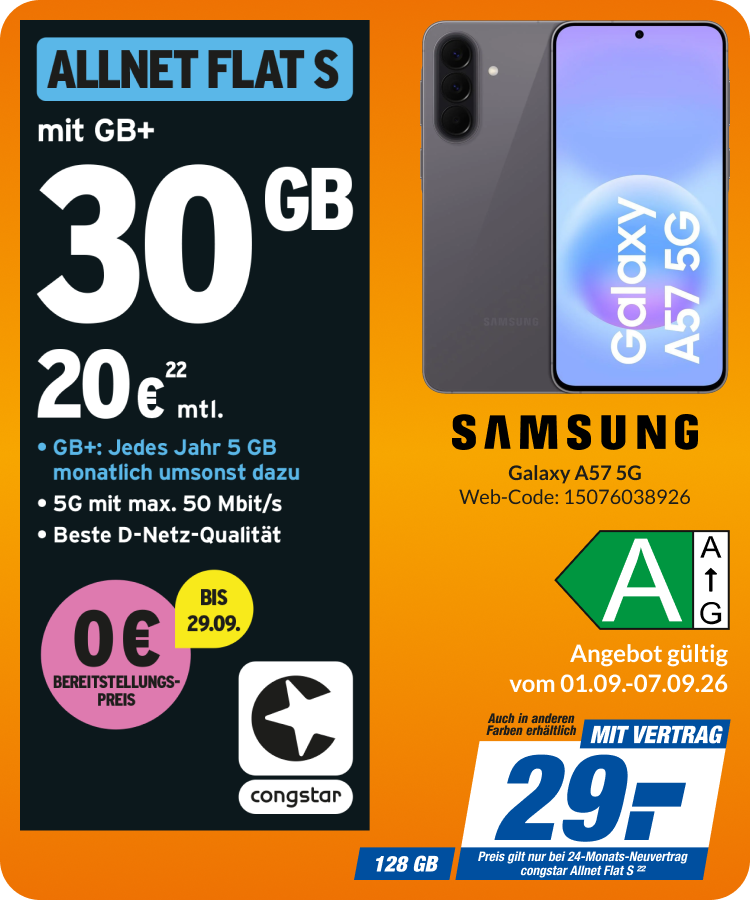 Samsung A57 mit Allnet Flat S für 29€!