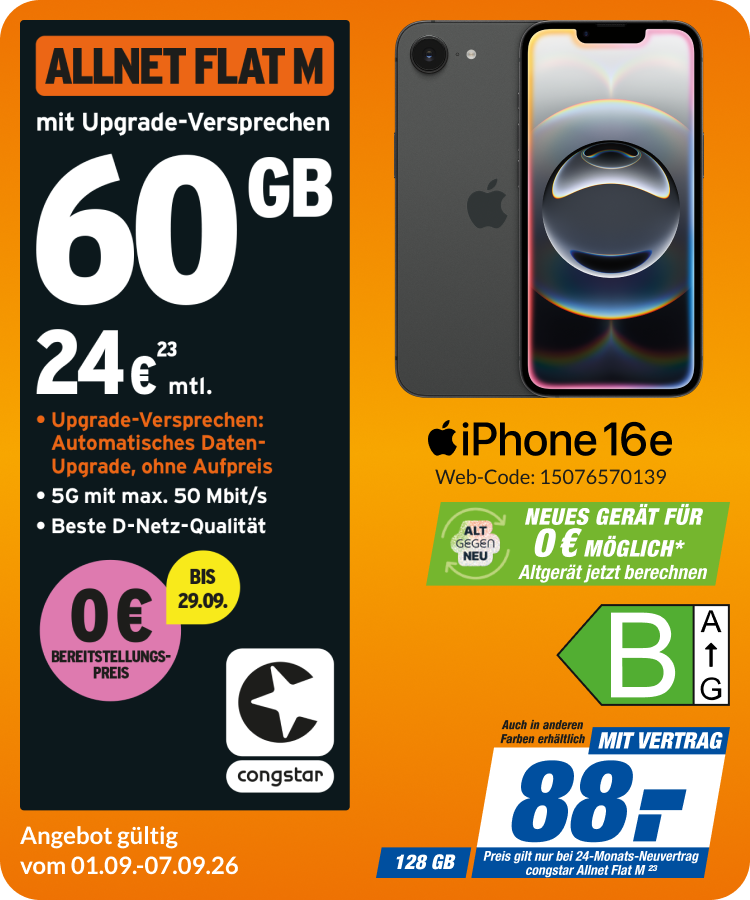 Apple iPhone 16e mit Allnet Flat M für 88€!