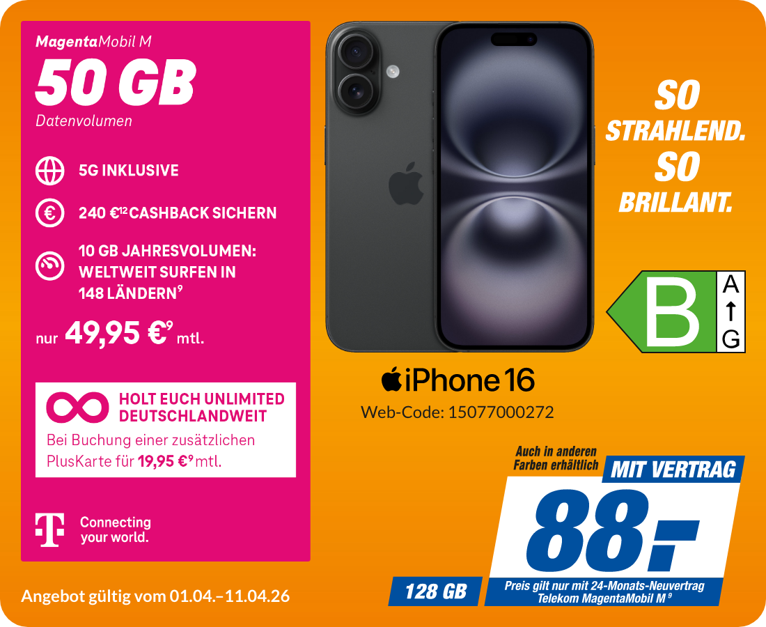 Apple iPhone 16 mit Magenta Mobil M für 88€!