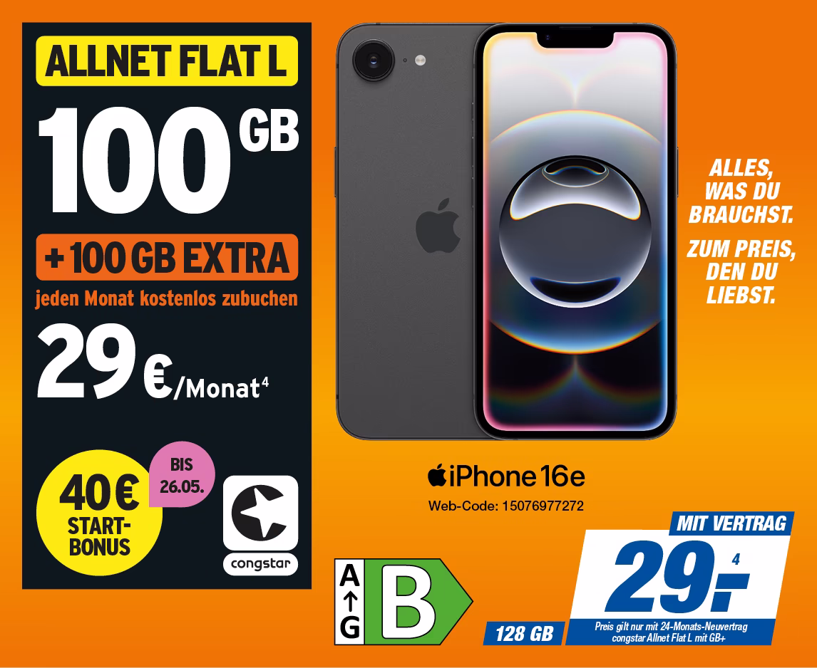 iPhone 16e mit Congstar Allnet Flat L mit GB+