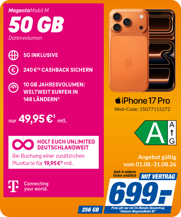 Apple iPhone 17 Pro mit Magenta Mobil M für 699€!
