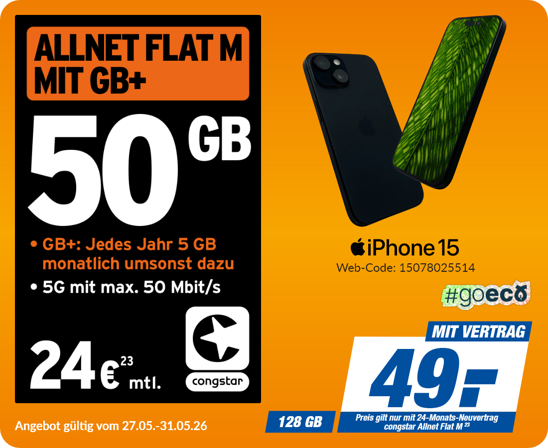 Apple iPhone 15 mit Allnet Flat M für 49€!