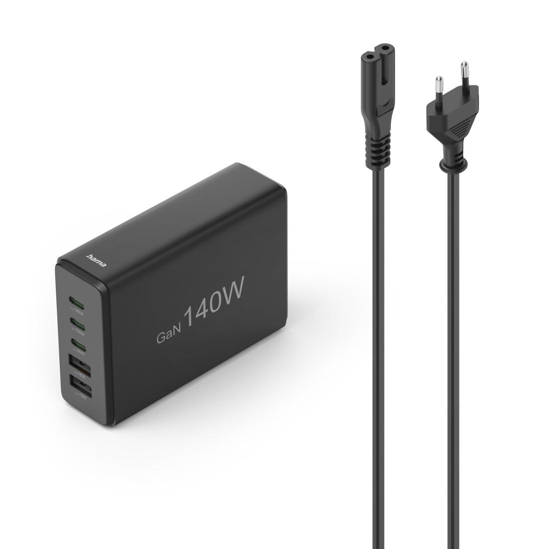 Ladestation 5 Ports, GaN, Schnellladegerät, 3xUSB-C, 2xUSB-A, PD, 140 W, SW (00201978) Laptop-Netzteil