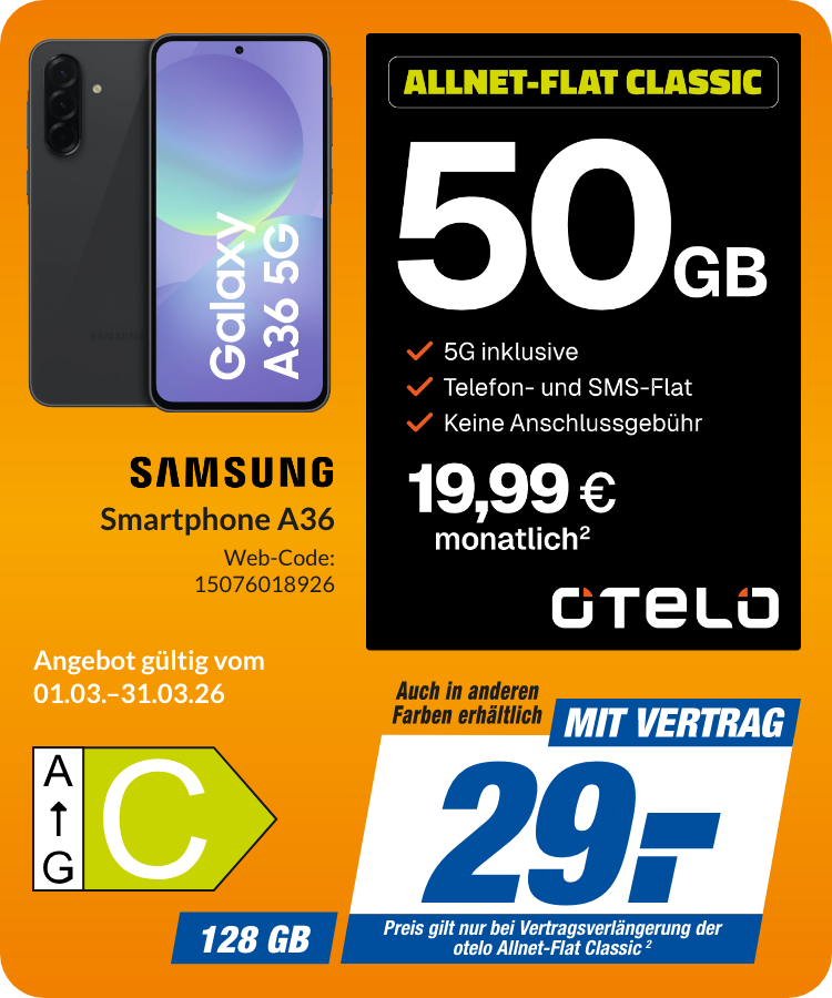 Samsung A36 mit Allnet Flat Classic für 29€!