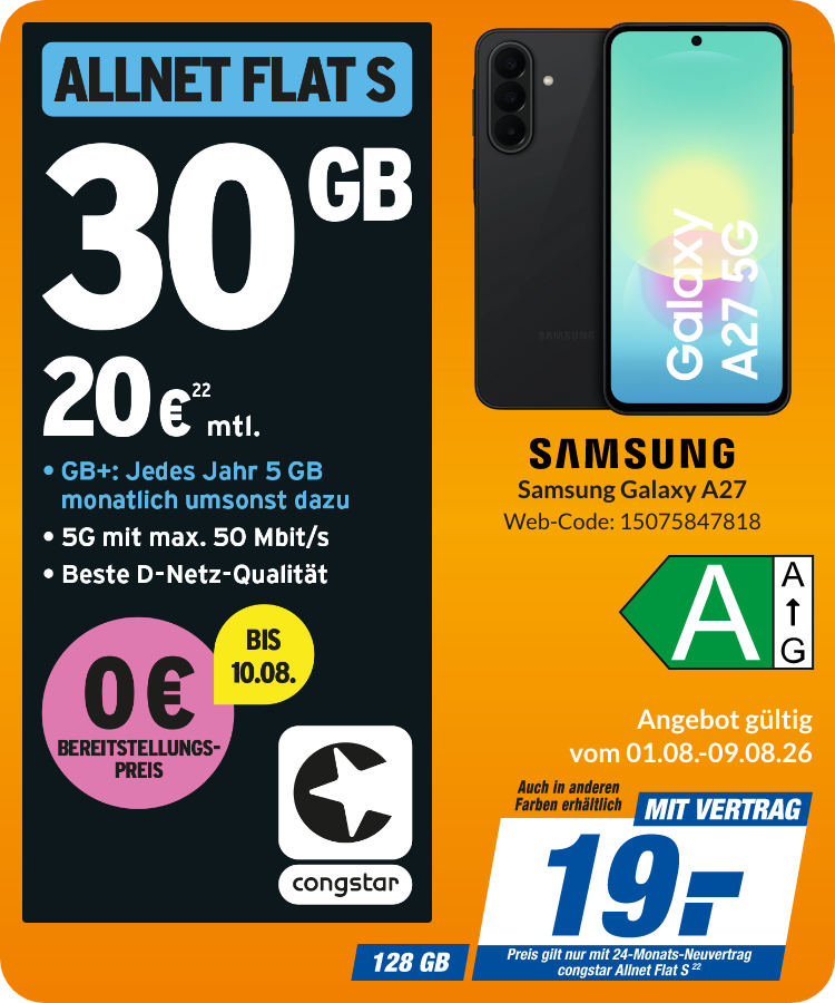 Samsung A27 mit Allnet Flat S für 19€!