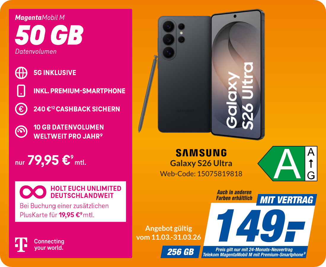 Samsung Galaxy S26 Ultra mit Magenta Mobil M für 149€!