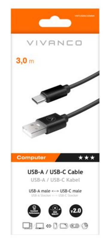 USB-A/USB-C-Kabel, 3 m, Schwarz