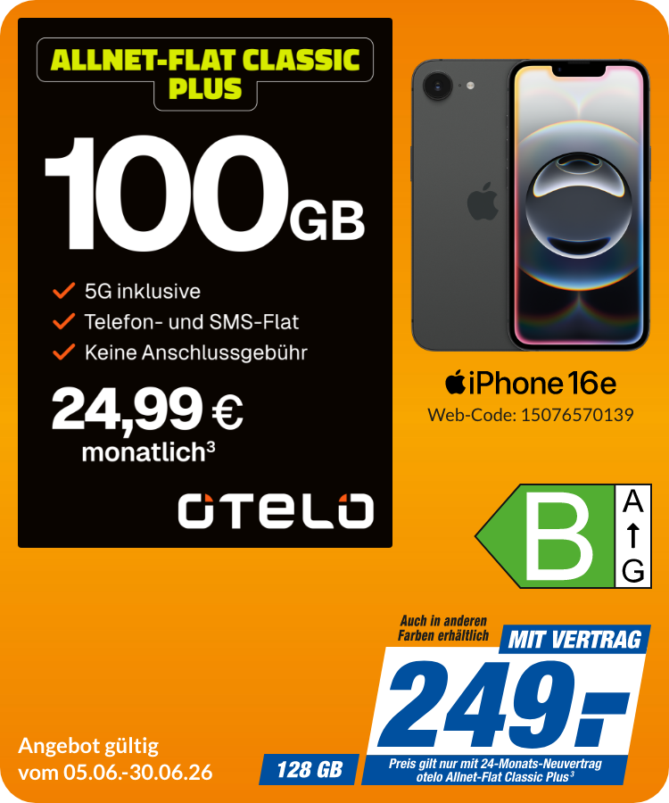 iPhone 16e mit Allnet Flat Classic Plus für 249€!