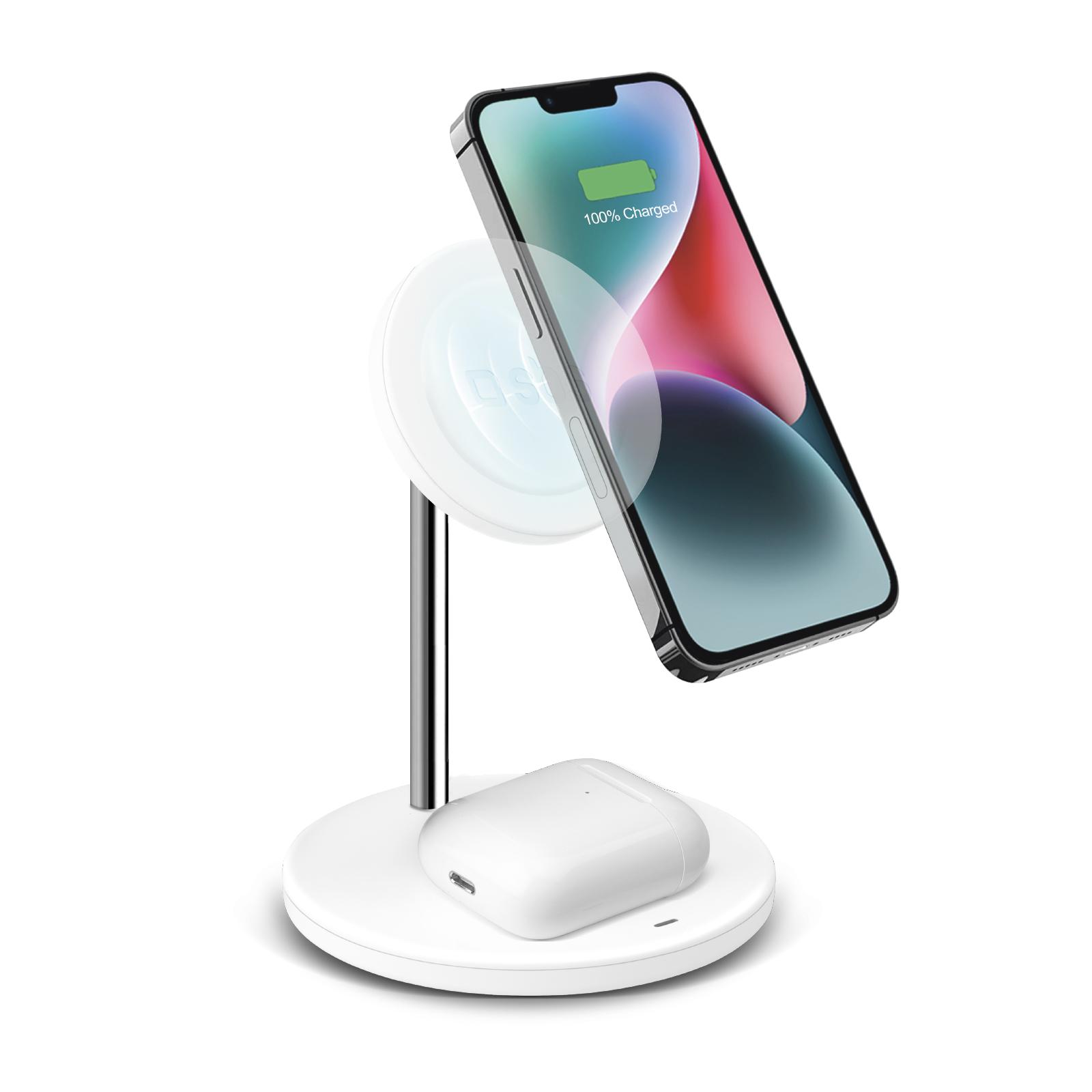 Vertikale kabellose 2-in-1-Ladestation für iPhone, Android-Handys, AirPods, TWS-Ohrhörer, Weiß