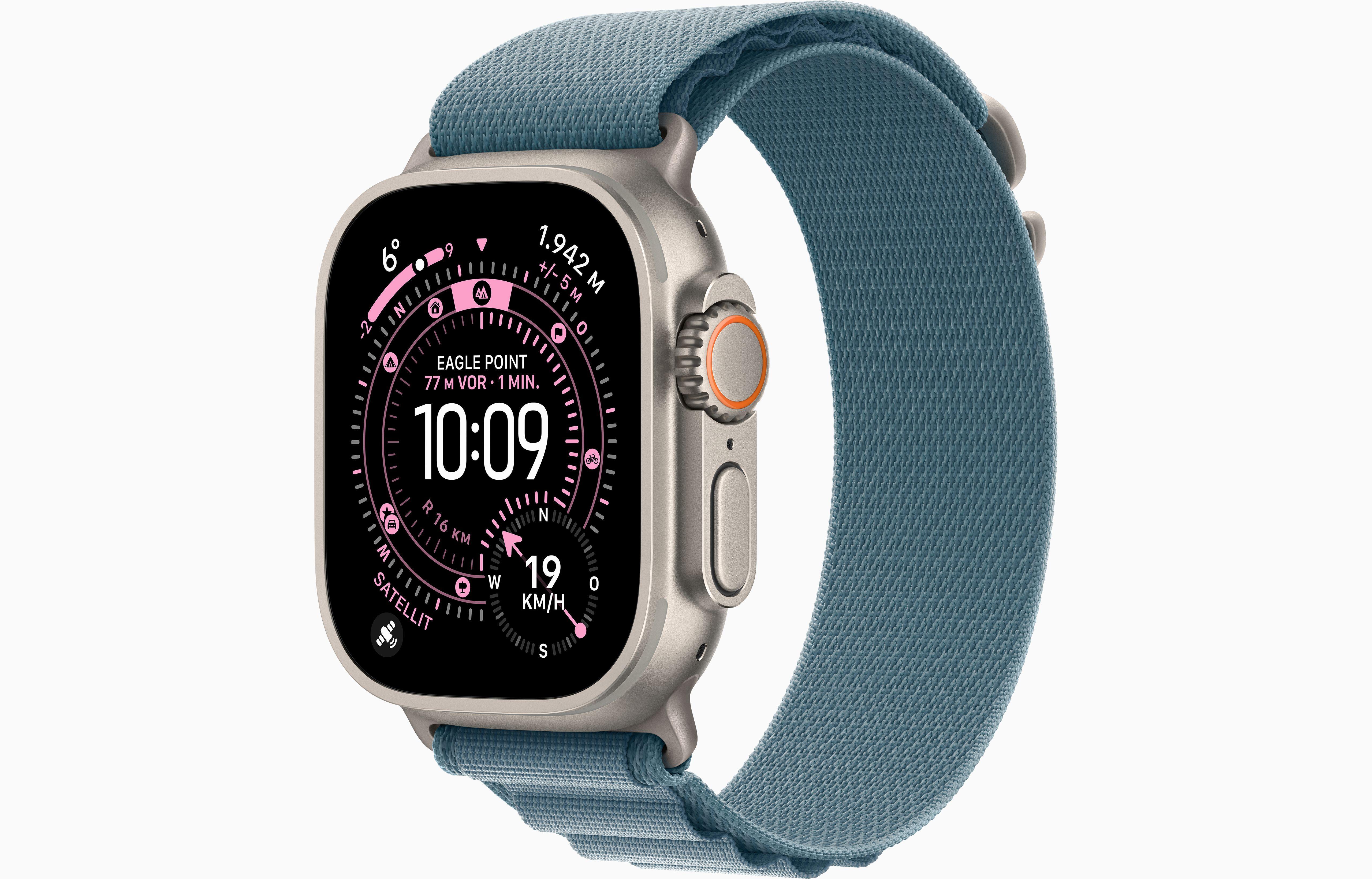 Watch Ultra 3, GPS + Cellular, 49mm, Natur Titaniumgehäuse mit Hellblau Alpine Loop Armband - Small