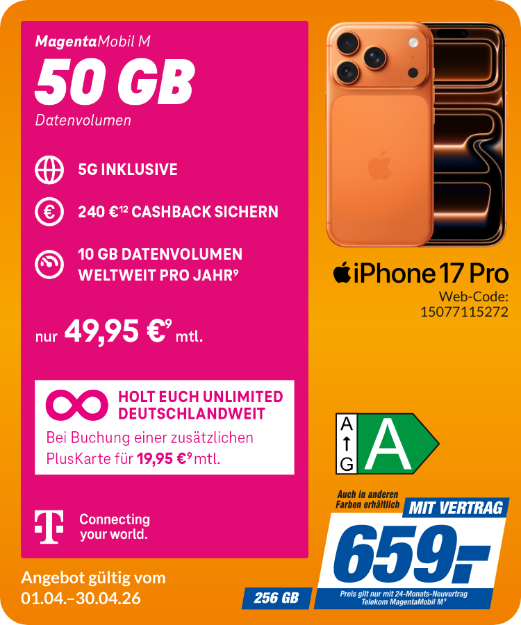 Apple iPhone 17 Pro mit Magenta Mobil M für 659€!