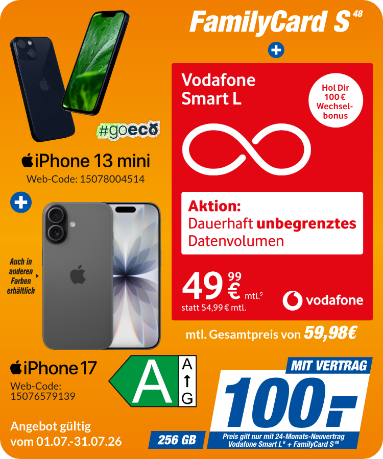 iPhone 17 und iPhone 13 Mini mit Smart L + FamiliyCard S für 100€!