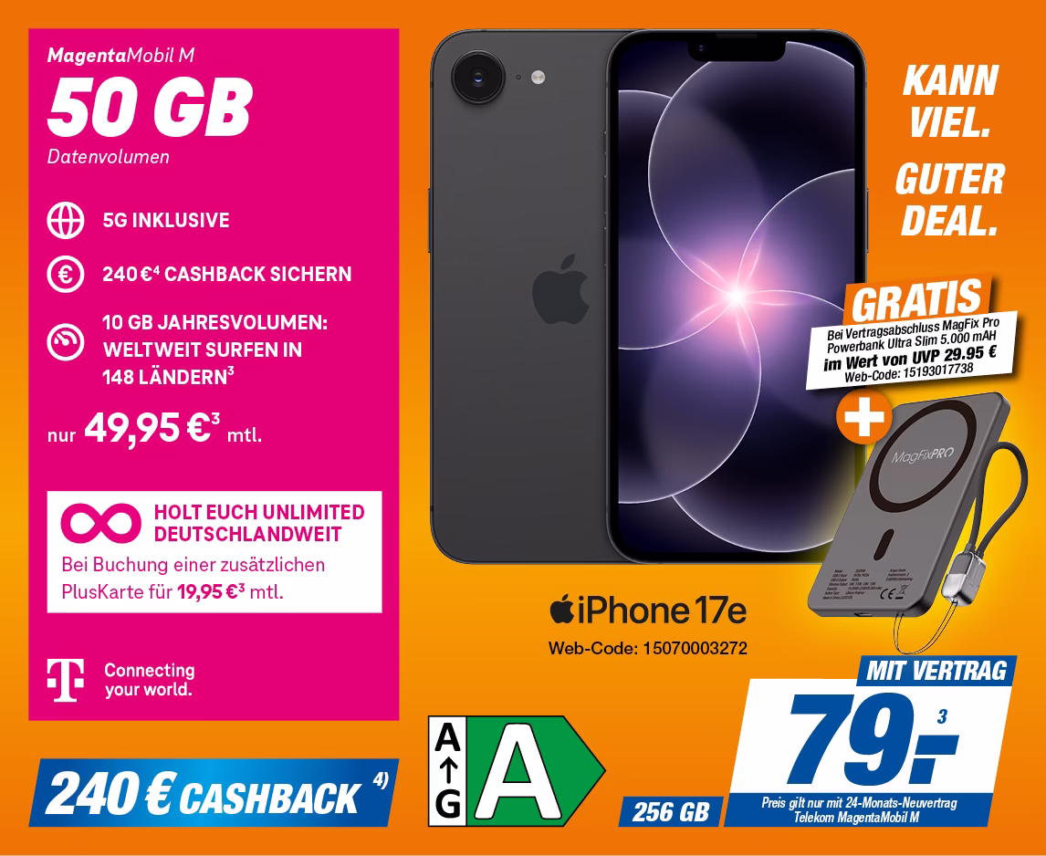 iPhone 17e mit Telekom MagentaMobil M + GRATIS Powerbank