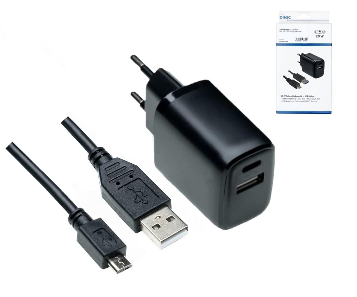 Ladegerät (USB-A + USB-C) inkl. 2m micro USB Kabel, 20 W, Schwarz