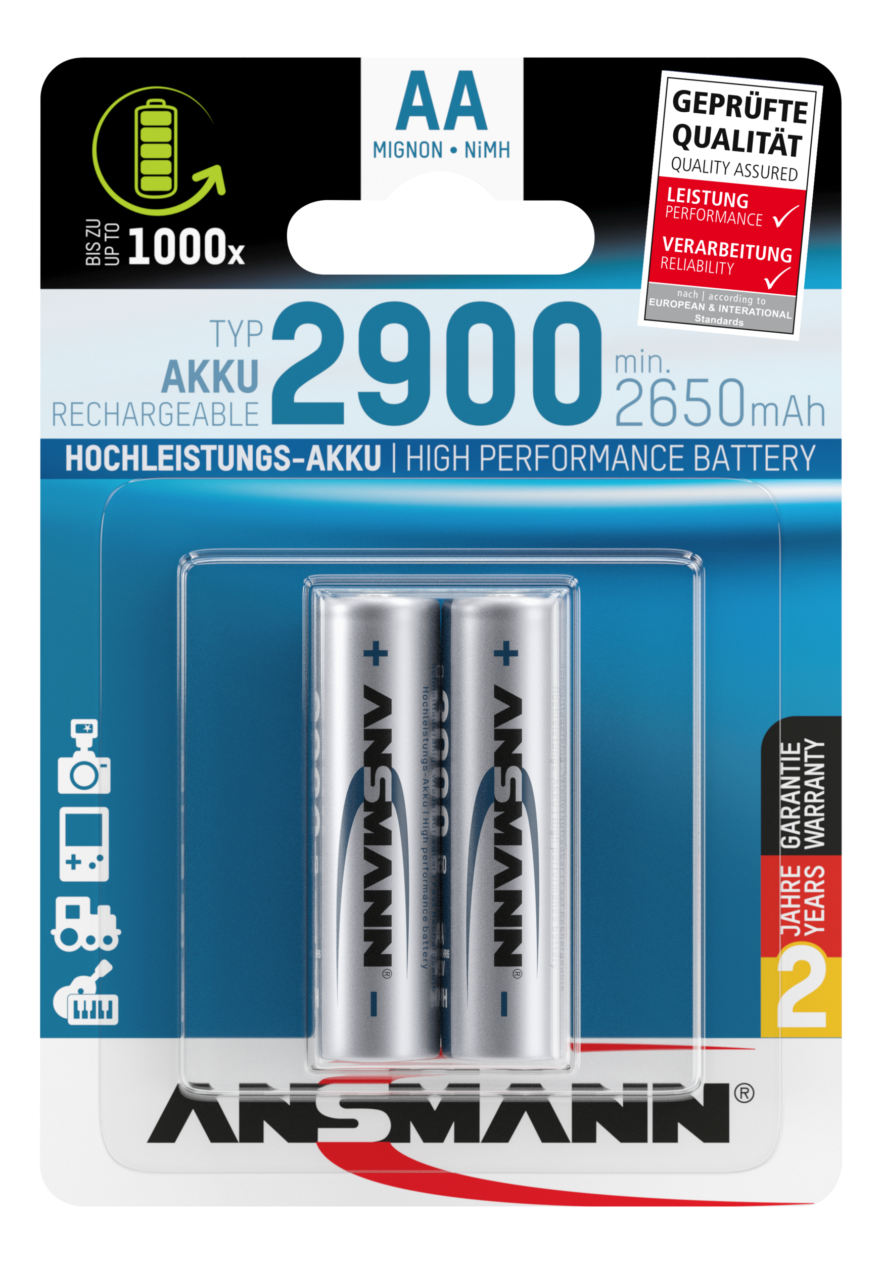 NiMH Akku Mignon AA Typ 2900 (min. 2650 mAh) 2er Blister Akku