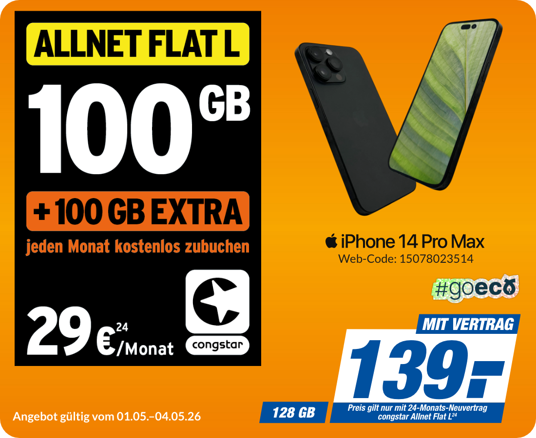 Apple iPhone 14 Pro Max mit Allnet Flat L für 139€!