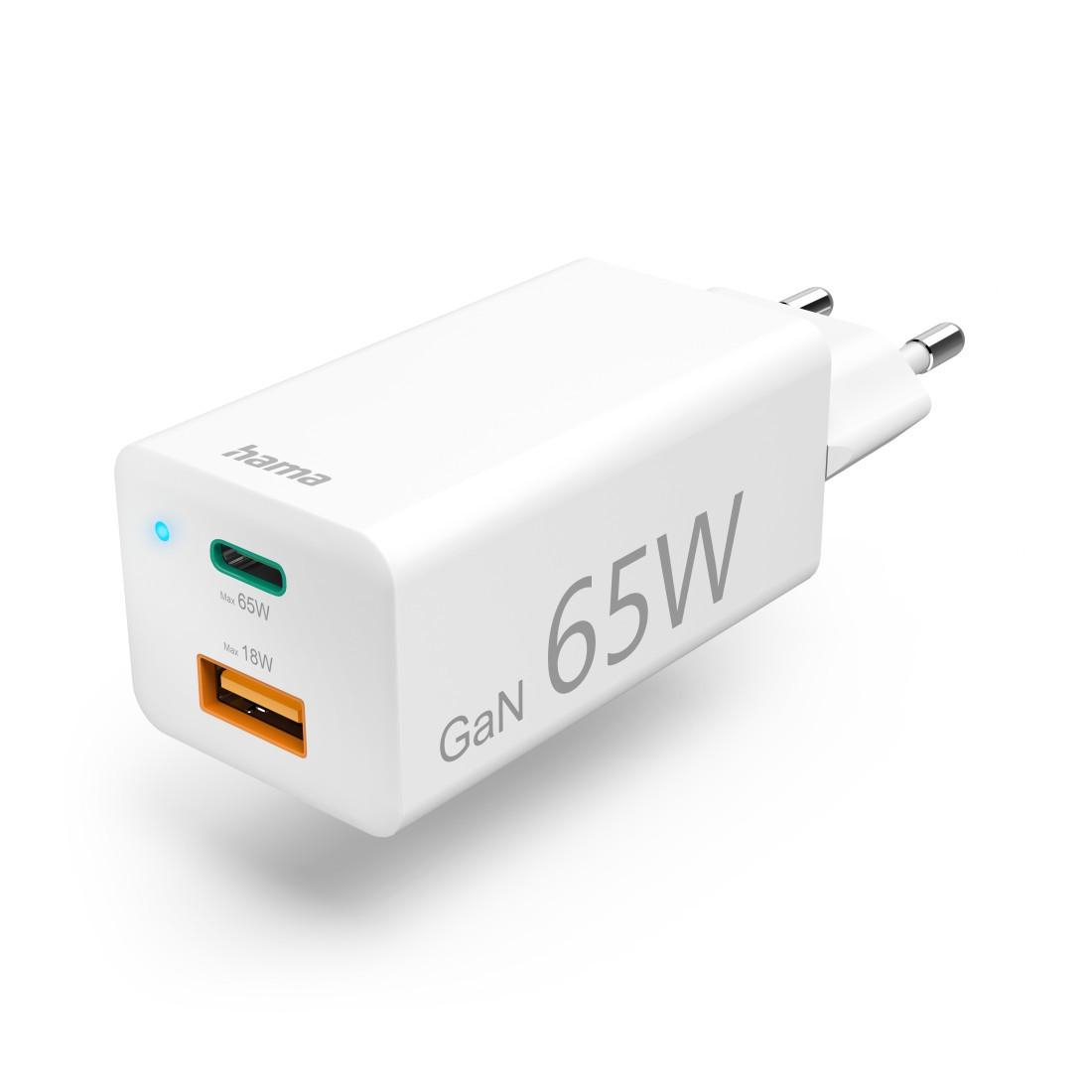 Schnellladegerät, GaN, 1x USB-C PD, 1x USB-A QC, Mini-Ladegerät, 65 W, Weiß (00125130)