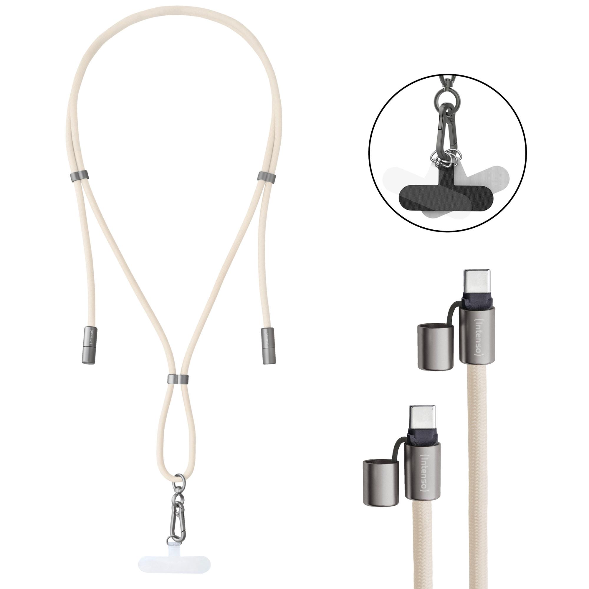 Cell Phone Charging Lanyard, Handykette mit USB-C Lade- und Datenkabel, Beige