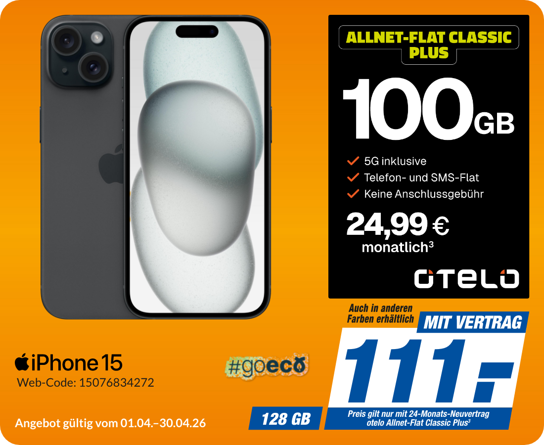 Apple iPhone 15 mit Allnet Flat Classic Plus für 111€!