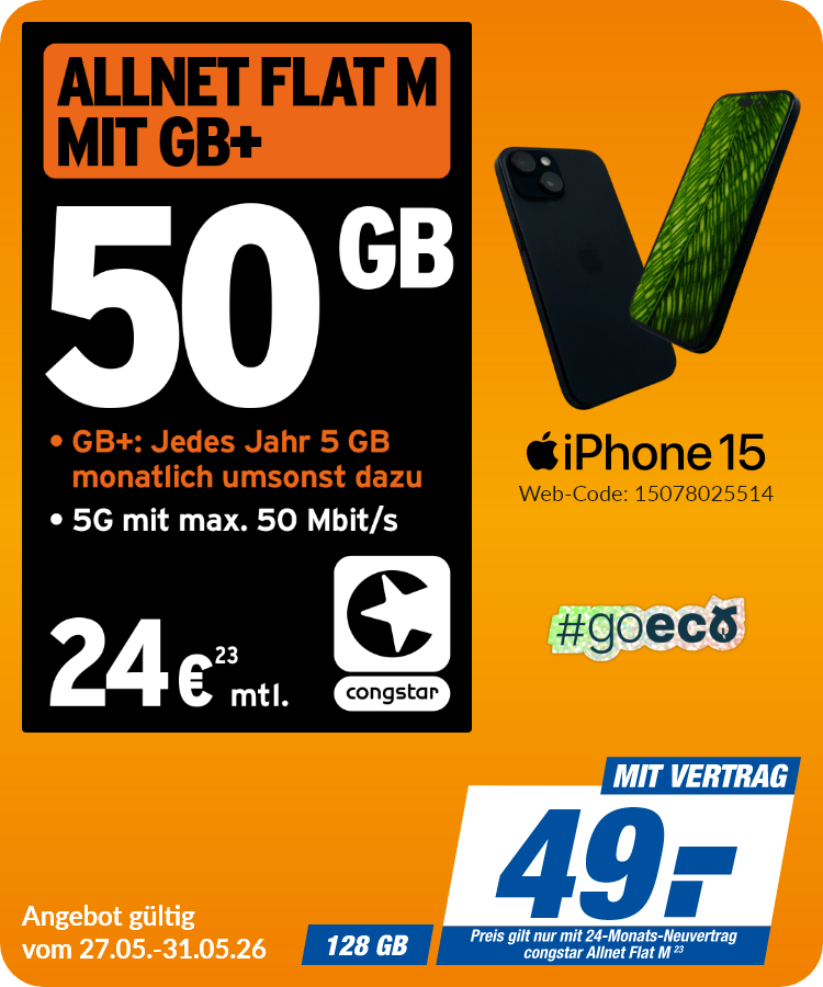 Apple iPhone 15 mit Allnet Flat M für 49€!