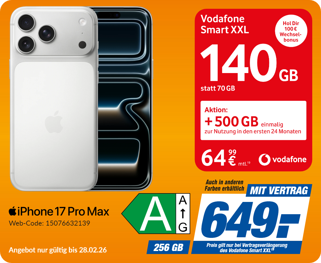 Apple iPhone 17 Pro Max mit Vodafone Smart XXL für 649€!
