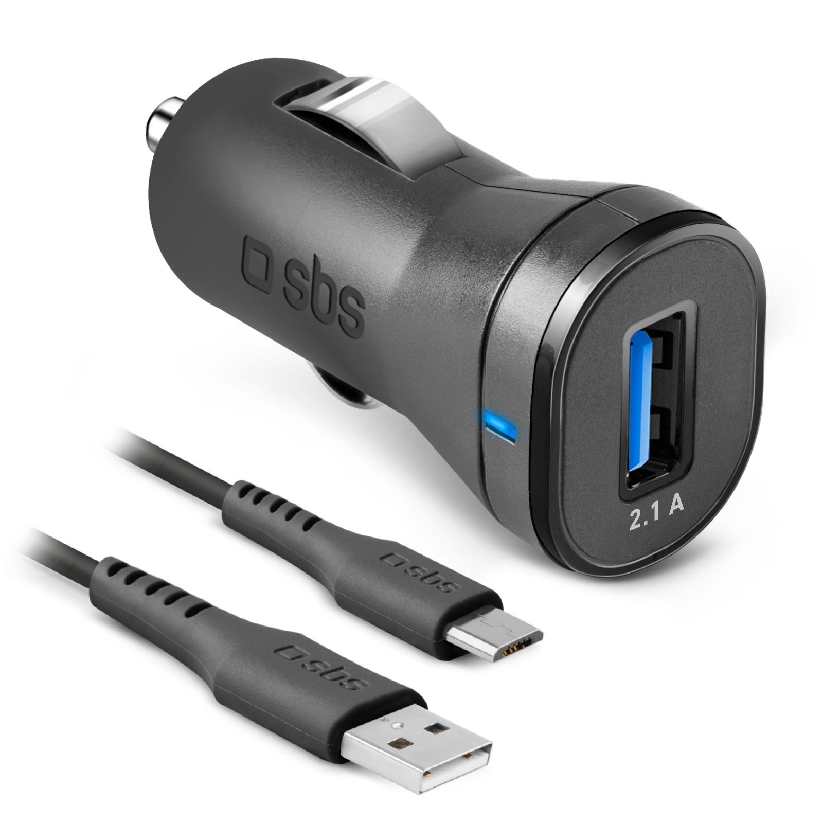 Autoladegerät mit Micro-USB auf USB-A-Kabel, USB-A, 10 W, 2,1 A, 1 m, Schwarz