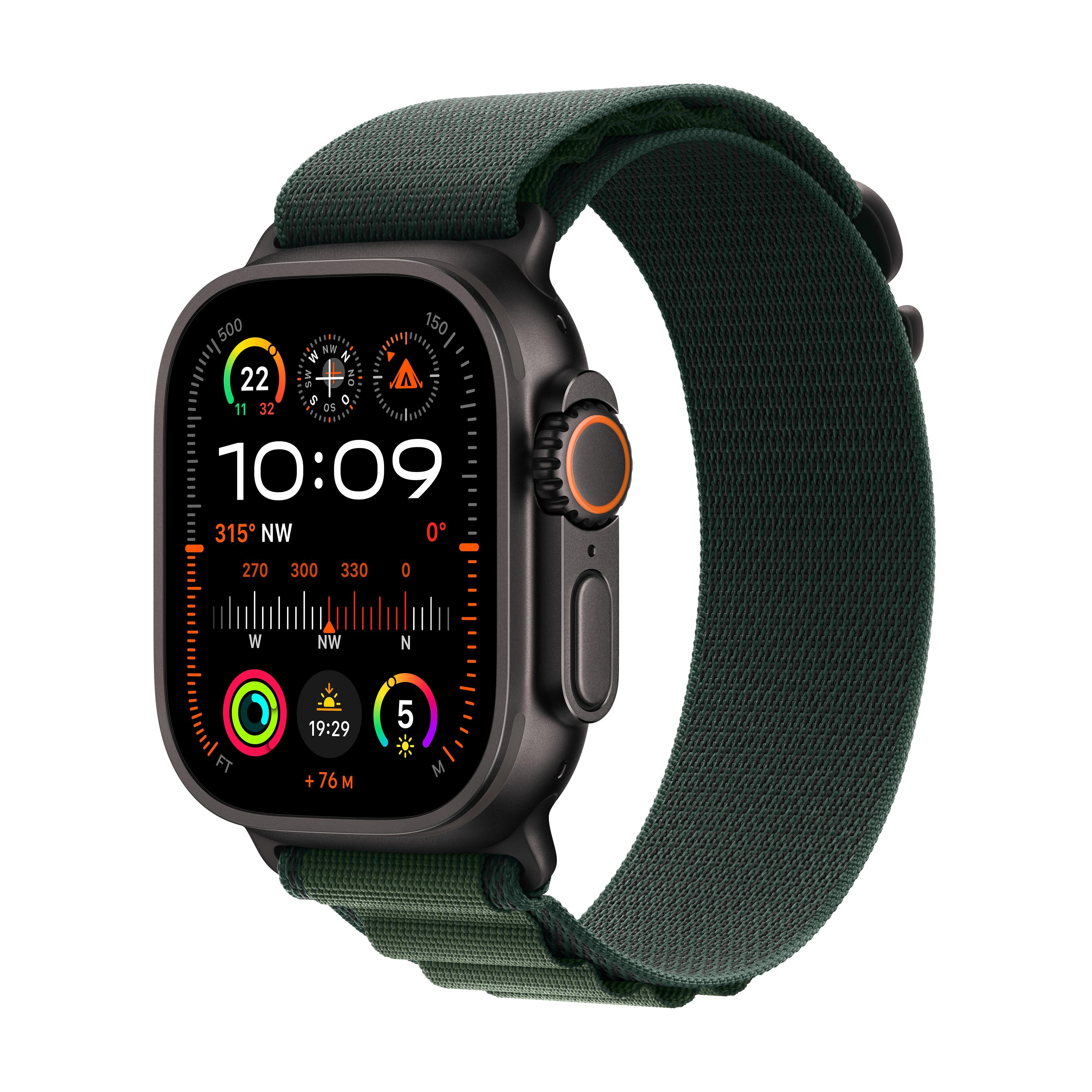 Watch Ultra 2 GPS + Cellular, 49 mm Schwarz Titan­gehäuse, mit Alpine Loop Dunkelgrün - Small