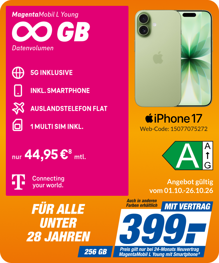 iPhone 17 mit Magenta Mobil L Young für 399€!