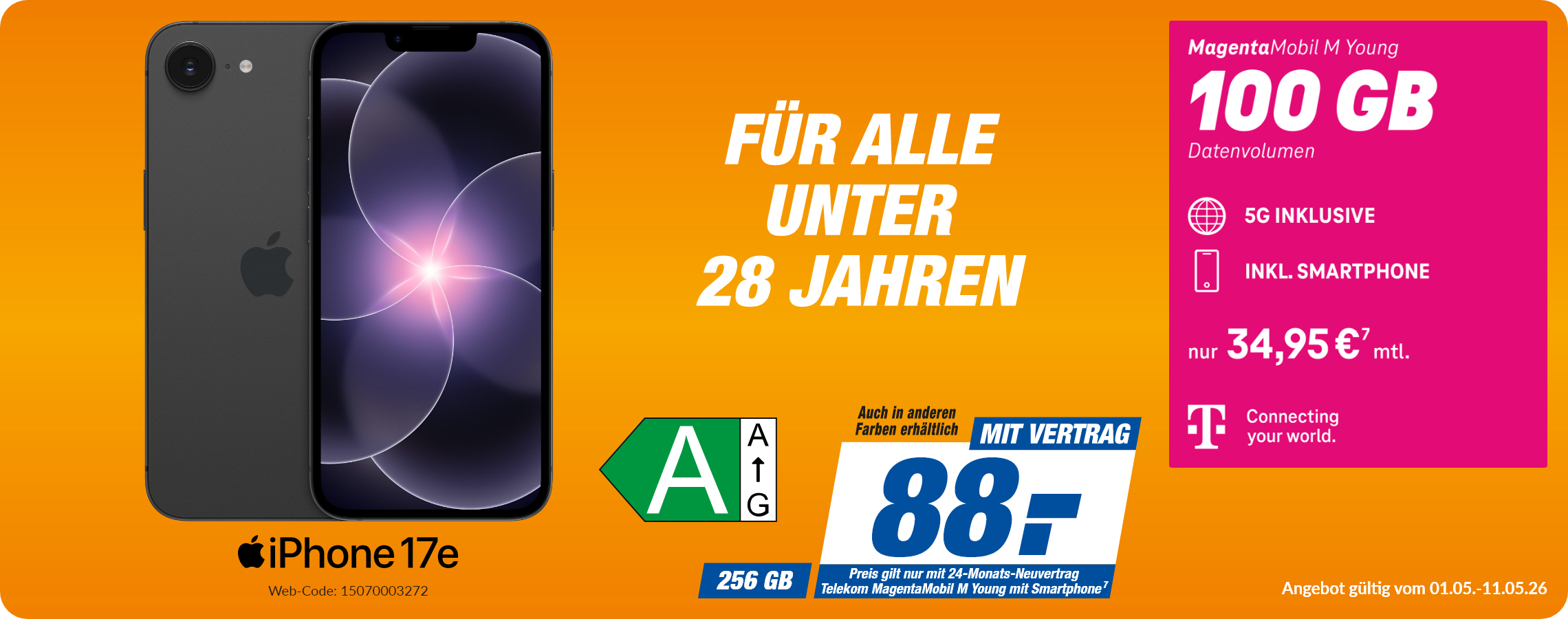 Apple iPhone 17e mit Magenta Mobil M Young für 88€!