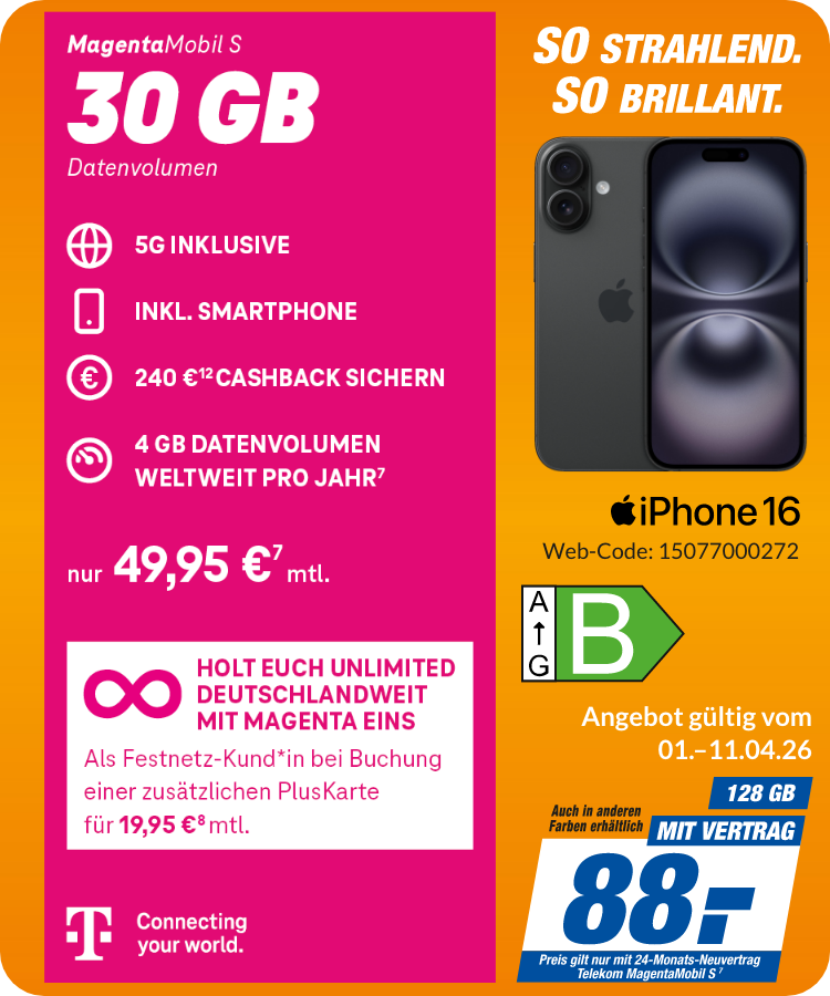 iPhone 16 mit Magenta Mobil S für 88€!