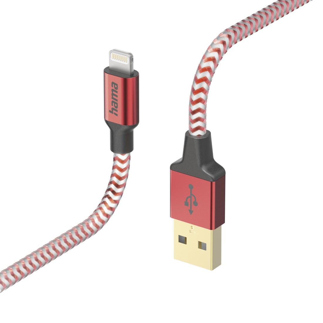 Ladekabel "Reflective", USB-A - Lightning, 1,5 m, Nylon, Rot (00201554)