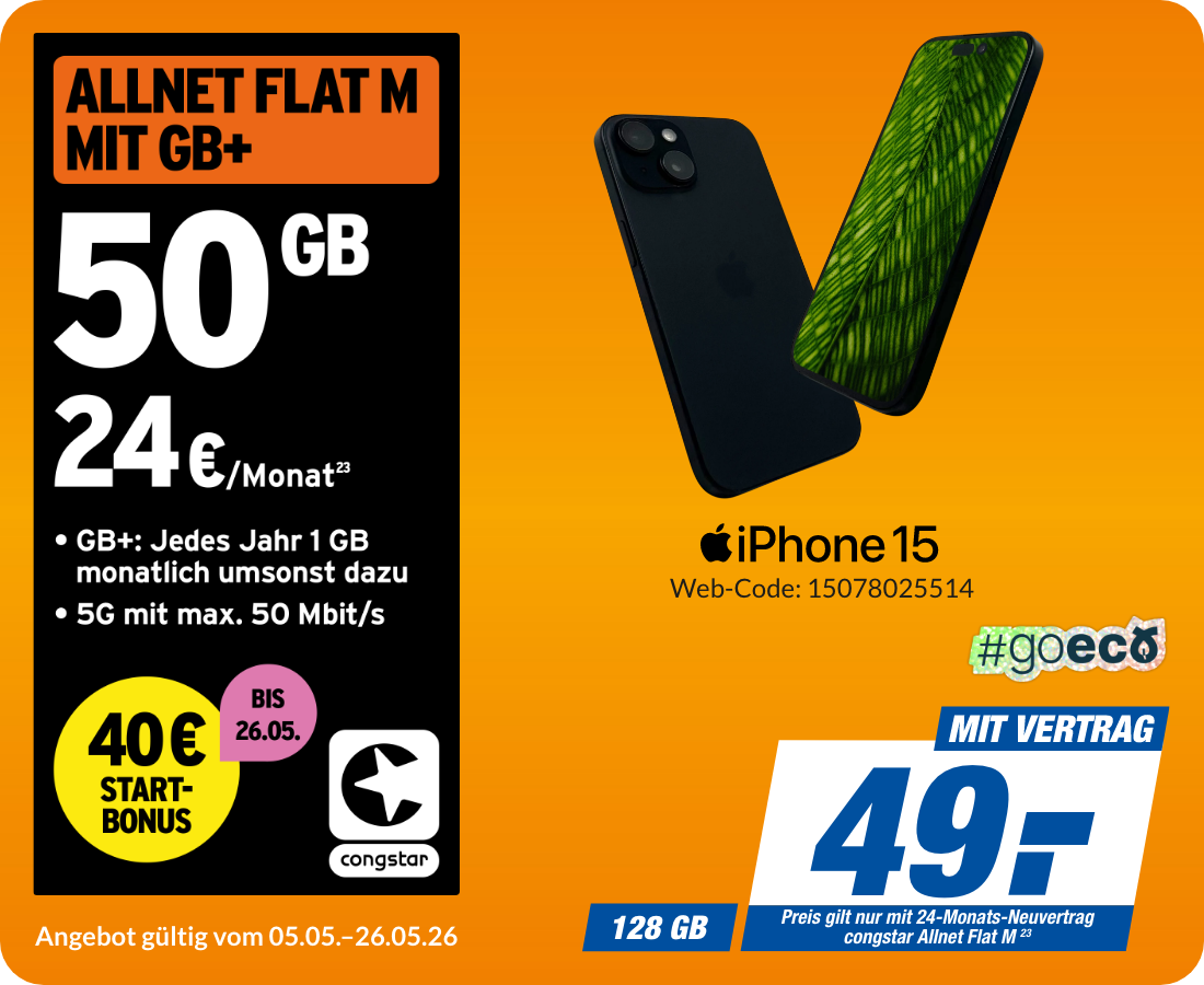 Apple iPhone 15 mit Allnet Flat M für 49€!
