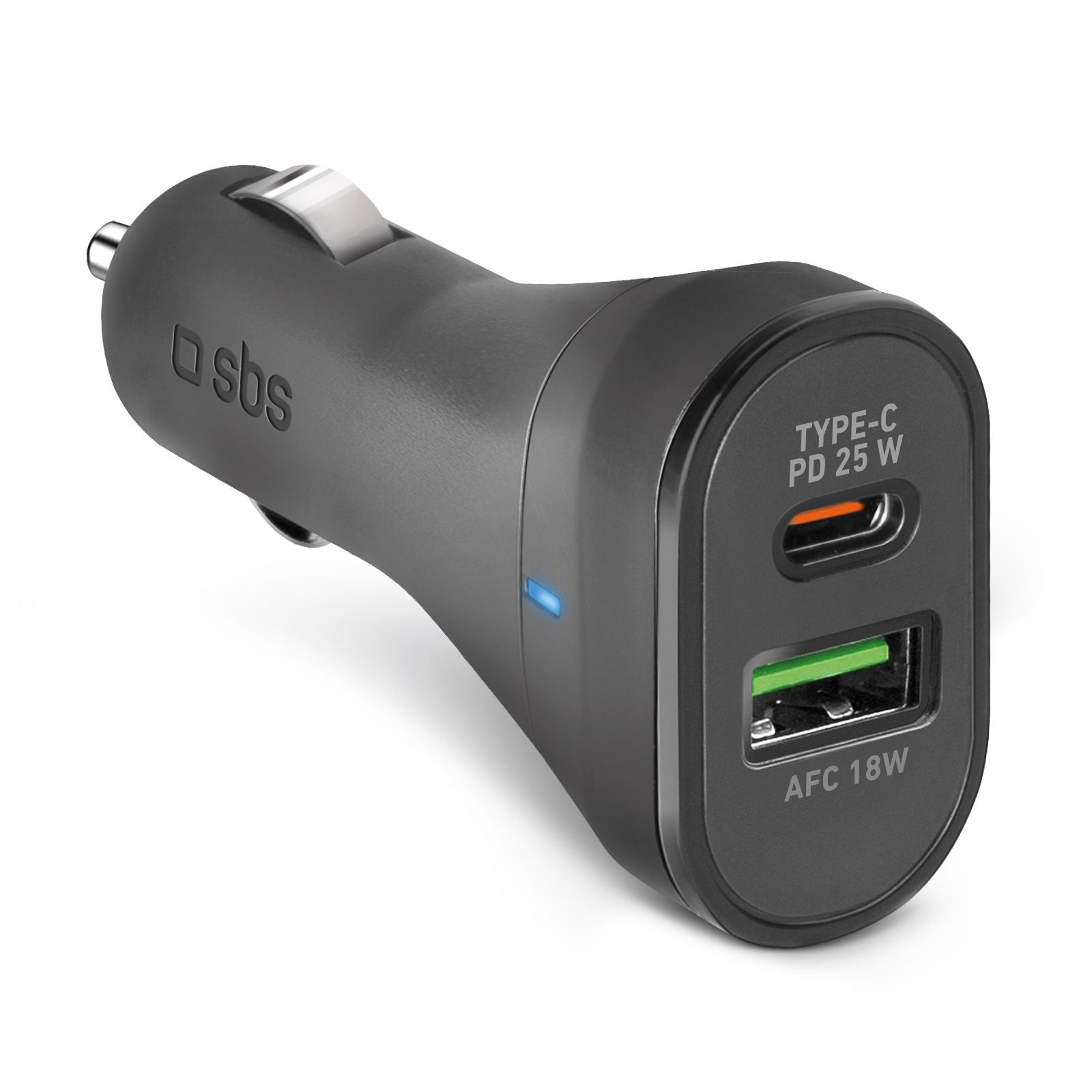 Autoladegerät für ultraschnelles Laden, USB-C und USB-A, 25 Watt, Schwarz Autoladegerät
