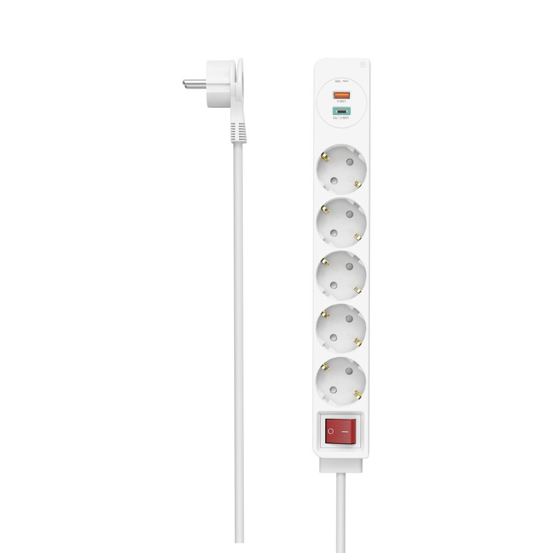 Steckdosenleiste, 5-fach, USB-C/A 18W, PD/FC, Schalter, Flachst., 1,4 m, W (00223186)