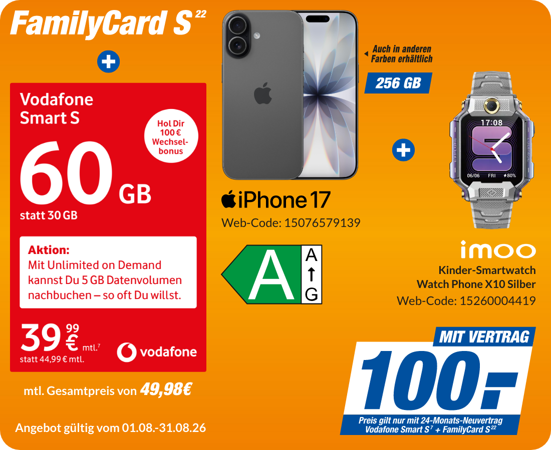iPhone 17 + Imoo X10 mit Smart S + FamilyCard S für 100€!